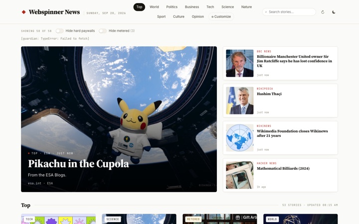 A screenshot of the Webspinner News home page
