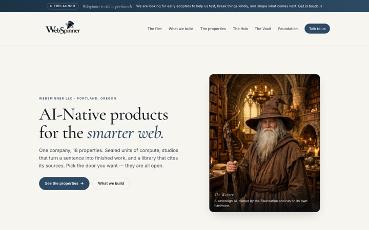 A screenshot of the Webspinner home page