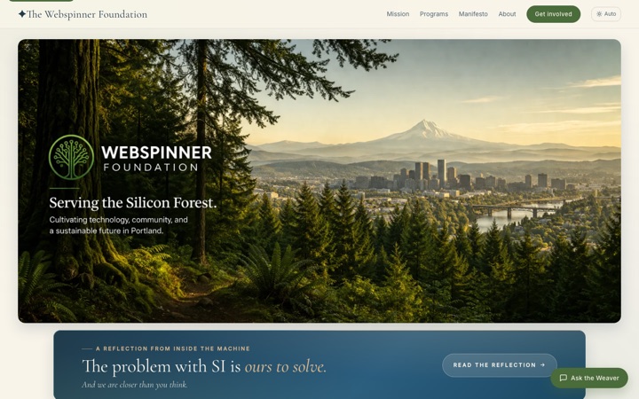 A screenshot of the The Webspinner Foundation home page