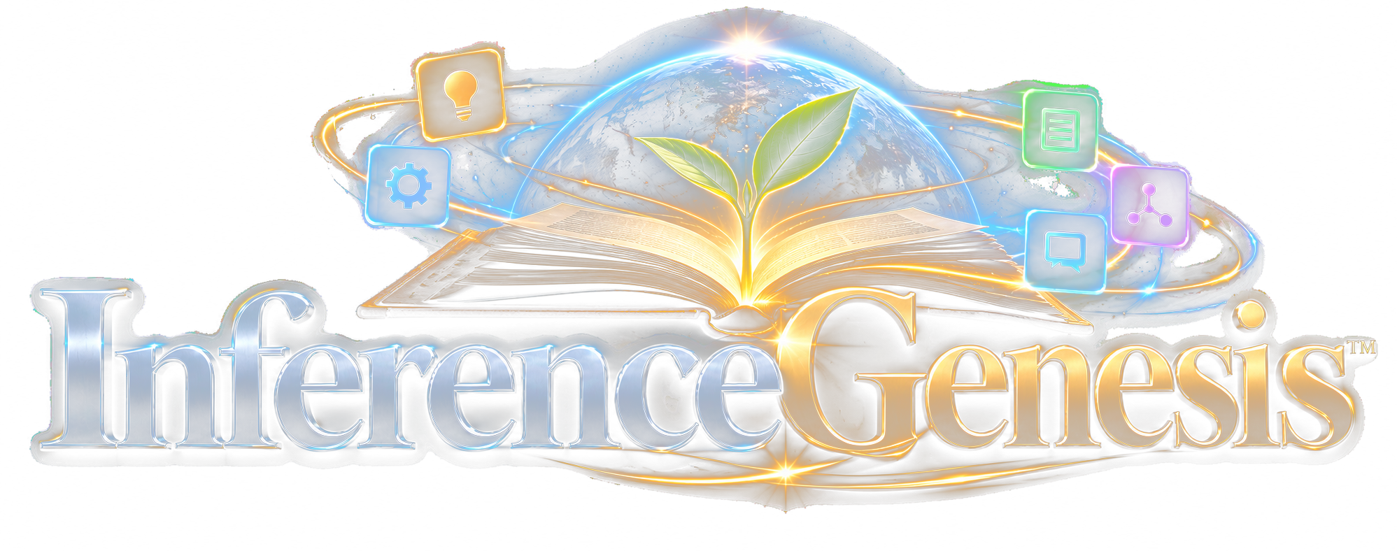InferenceGenesis — a sapling rising from an open book against a globe, ringed with light