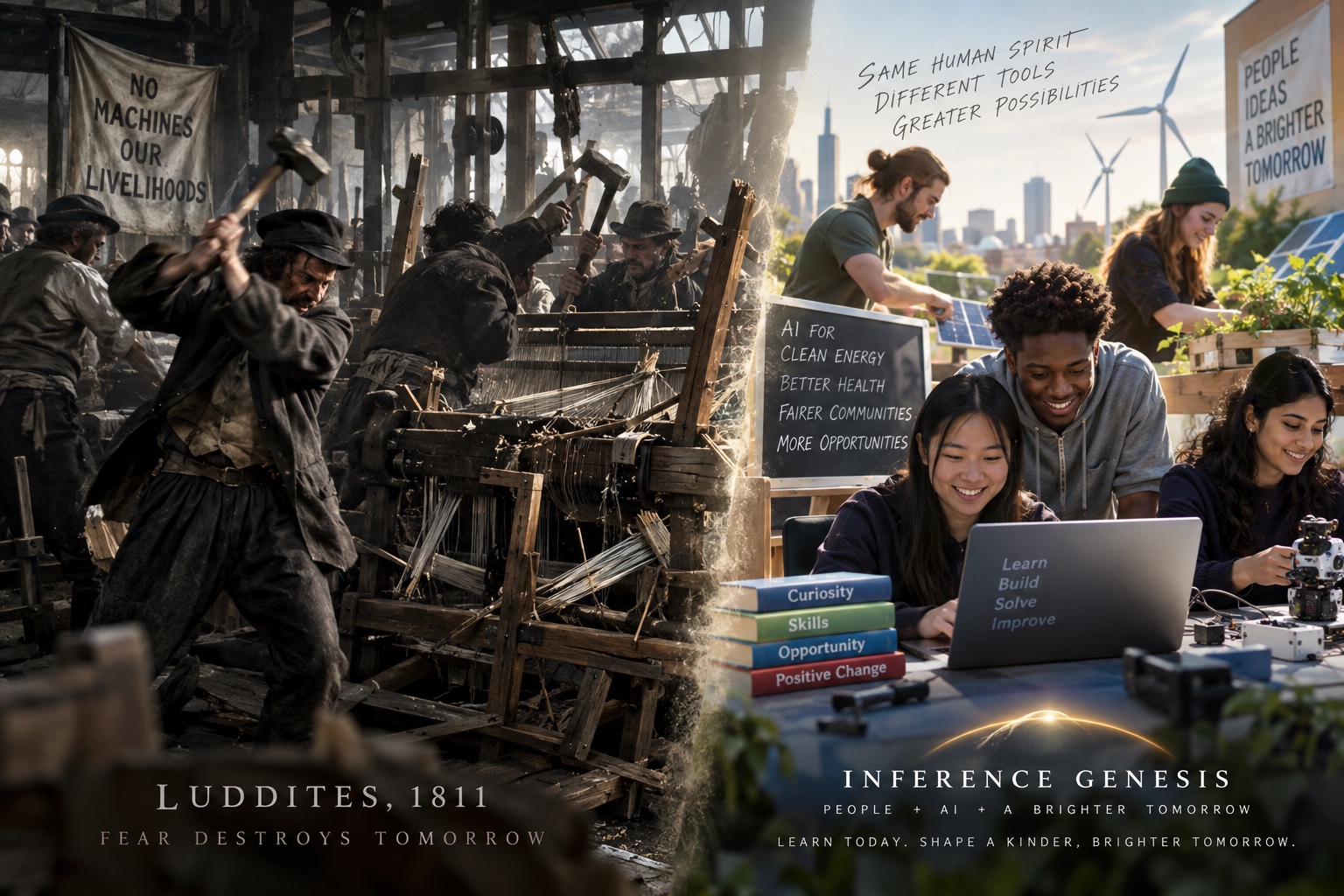 A single image split in two. On the left, Nottingham in 1811: weavers swinging hammers at a wooden loom beneath a banner reading NO MACHINES OUR LIVELIHOODS. On the right, the present day: students laughing over a laptop, a blackboard listing AI for clean energy, better health, fairer communities and more opportunities, wind turbines beyond the rooftops.